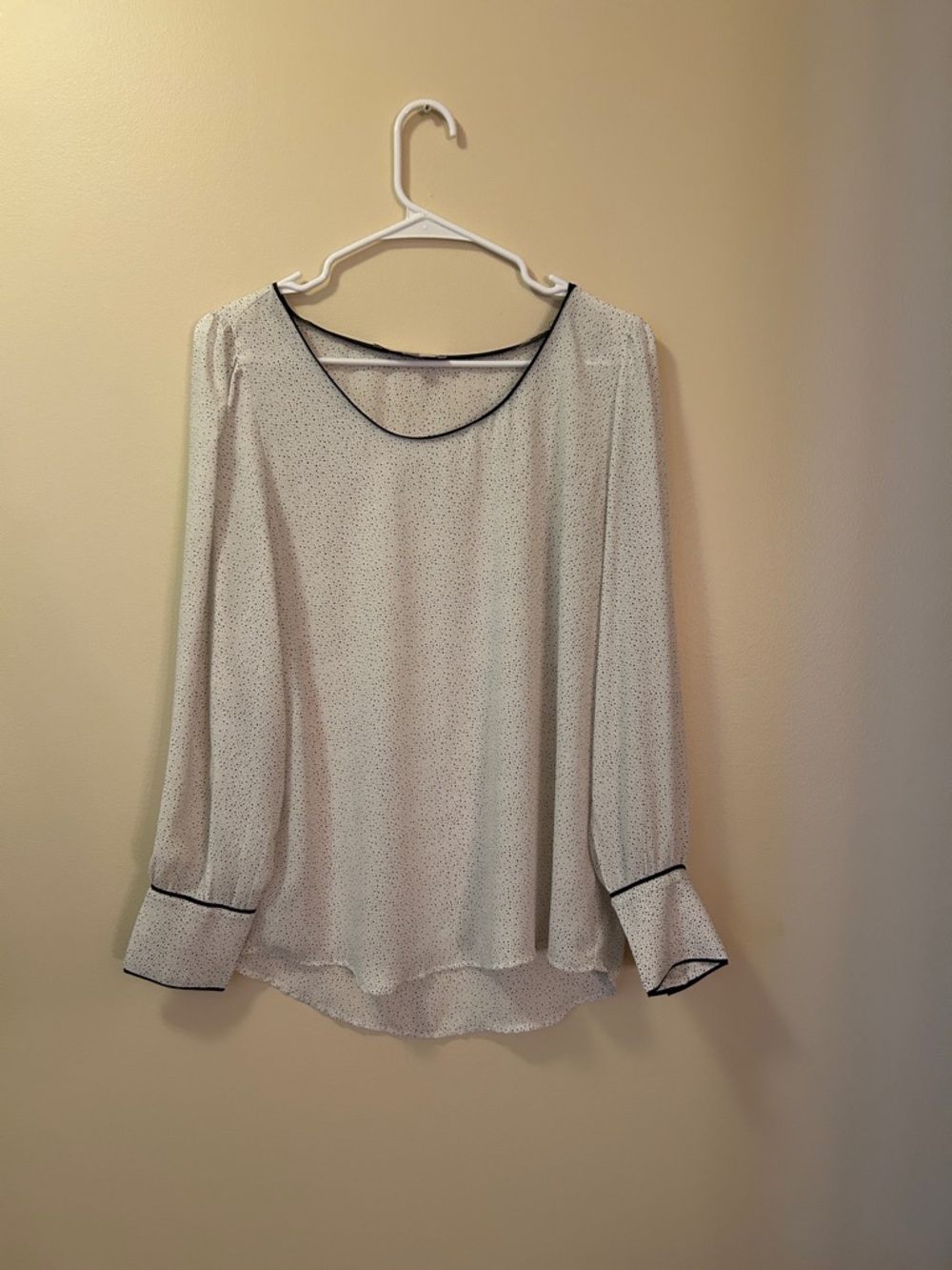LOFT Cream Dot-Print Long-Sleeve Blouse with Black Trim